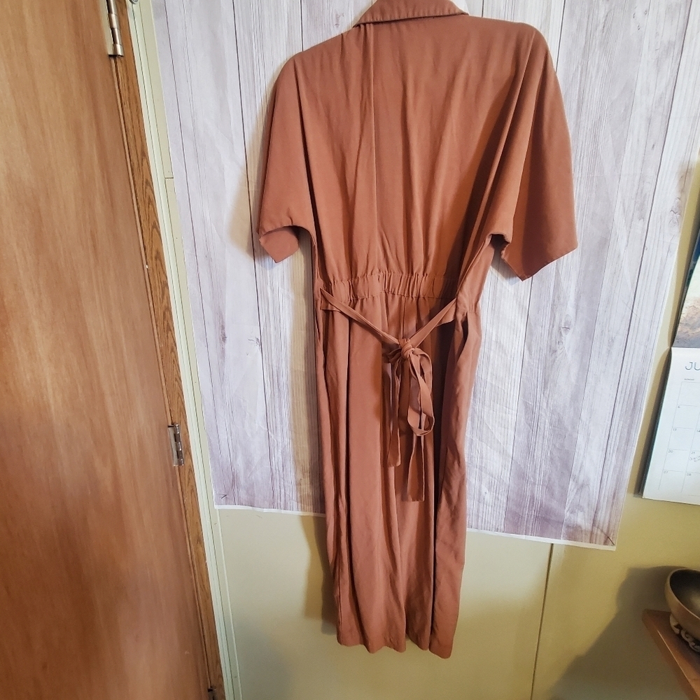 MANGO CASUAL JUMPSUIT. SZ MED. CLAY BROWN WIDE LEGS. VNECK - Picture 7 of 9
